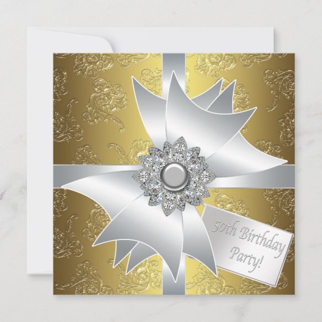 Invitación Regalo Clásico Damask Oro Blanco 50 Cumpleaños (Anverso)