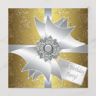 Invitación Regalo Clásico Damask Oro Blanco 50 Cumpleaños