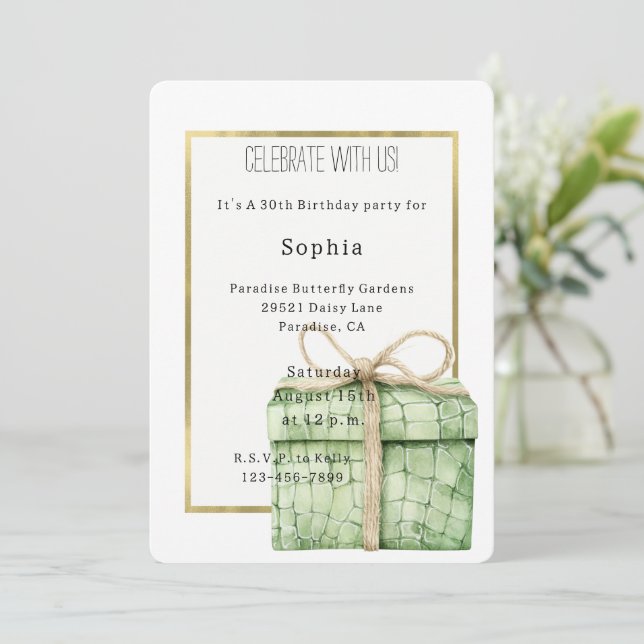 Invitación Regalo Cumpleaños Estampado Cocodrilo Verde   (Anverso de pie)