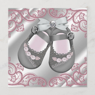 Invitación Regalo de bebé niña zapatos rosados grises remolin