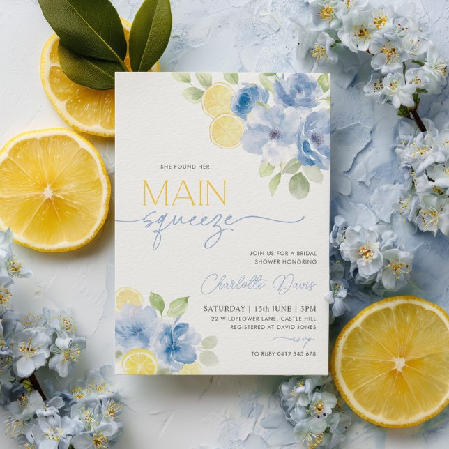 Invitación Regalo de Bodas Citrus Limón Azul Fiesta de Desped (Main Squeeze Blue Lemon Bridal Shower Invitation | Blue Flowers and Lemon Slices)