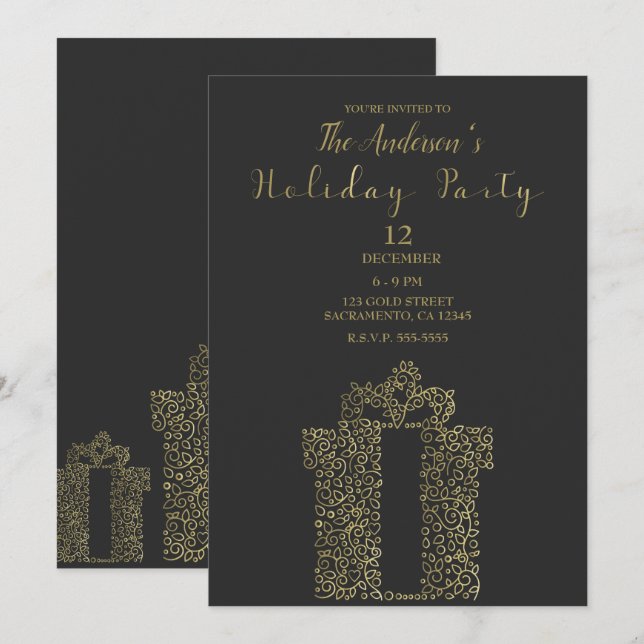 Invitación Regalo de carbón vegetal y oro Fiesta de vacacione (Anverso / Reverso)