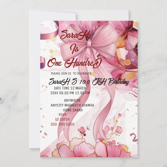 Invitación Regalo de cumpleaños número 100 del Rosa (Anverso)