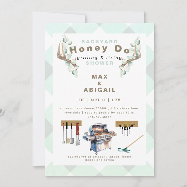 Invitación Regalo de ducha de Sage para parrillada y arreglo  (Anverso)