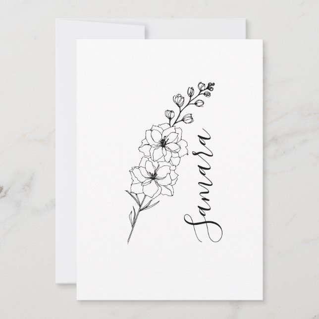 Invitación Regalo de flor de nacimiento de Delphinium de juli (Anverso)