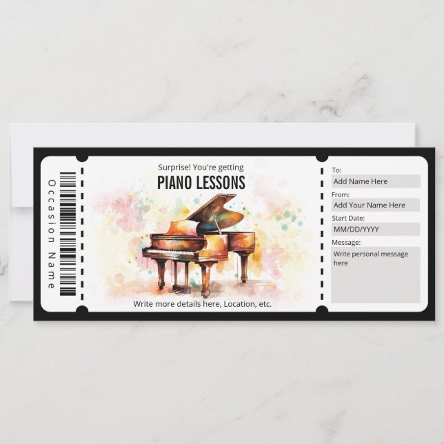 Invitación Regalo de Voucher de Clases de Piano Sorpresa (Anverso)