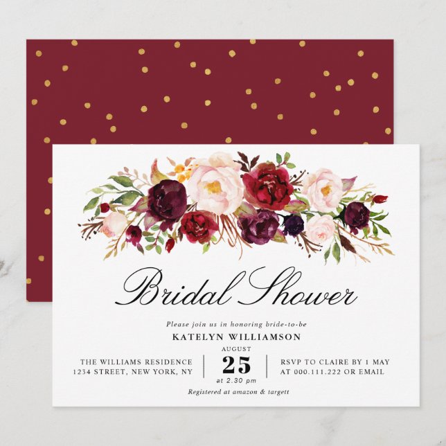 Invitación Regalo dorado burgundy floral ducha de novia (Anverso / Reverso)
