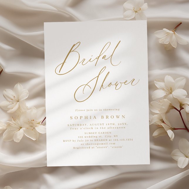 Invitación Regalo moderno y elegante dorado ducha de novia mí (Gold elegant modern script minimal bridal shower invitation)