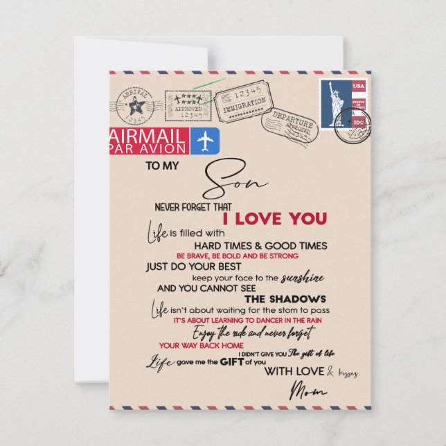 Invitación Regalo para mi hijo, mamá y hijo, carta de amor pa (Anverso)