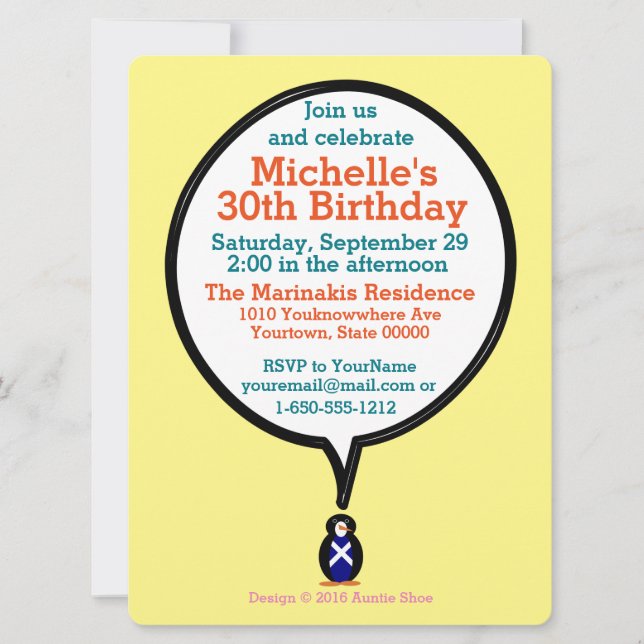 Invitación Regalo Personalizado Cumpleaños Pingüino Bandera d (Anverso)