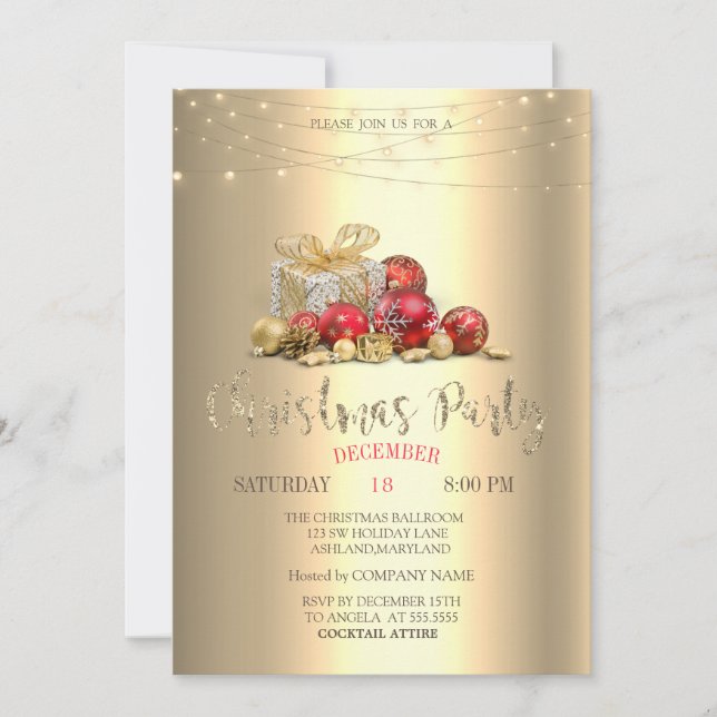 Invitación Regalos,Bolas,Luces de Cadena Doradas Navidad  (Anverso)
