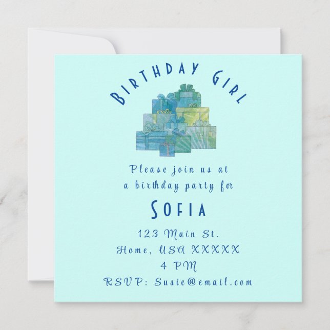 Invitación Regalos bonitos para el Chica de cumpleaños Verde  (Anverso)