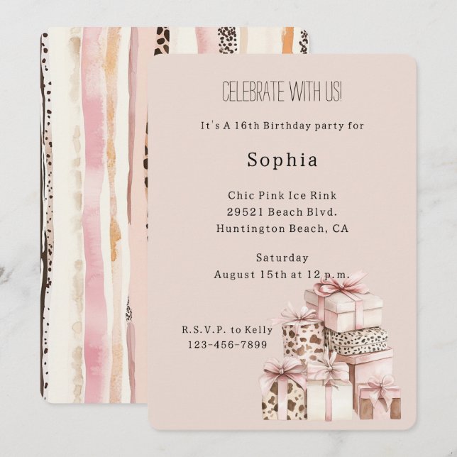 Invitación Regalos Cumpleaños Leopardo Rosa Rubor Marrón Crem (Anverso / Reverso)