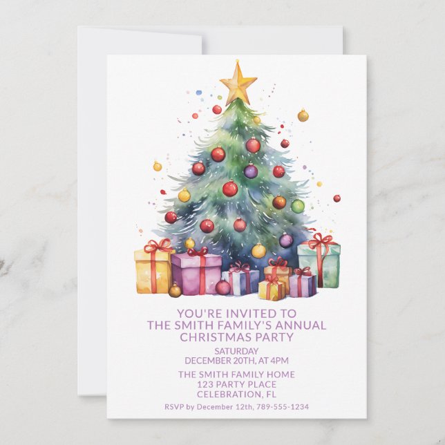 Invitación Regalos de árbol de Navidad Fiesta morada (Anverso)