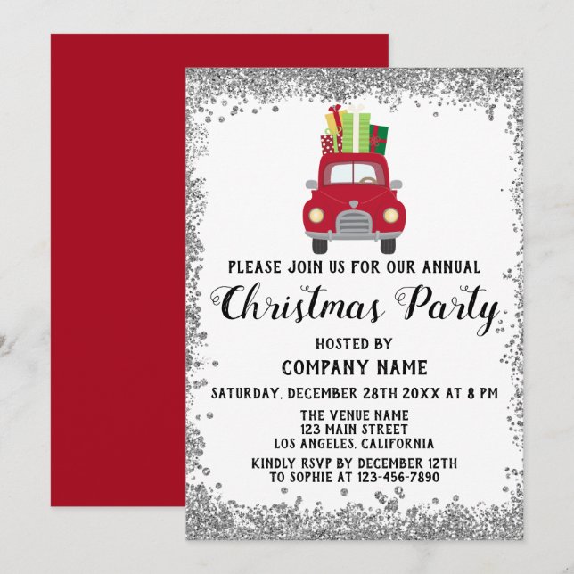 Invitación Regalos de Camión Rojo Compañía Fiesta de Navidad  (Anverso / Reverso)