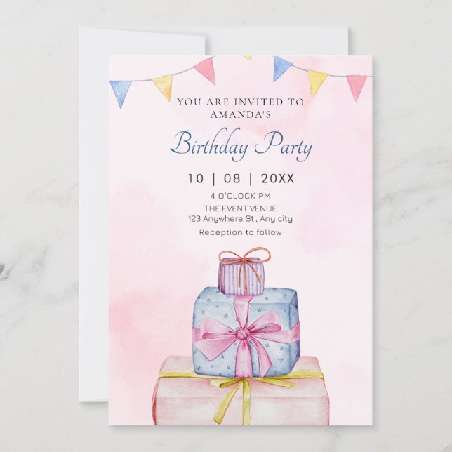 Invitación Regalos de cumpleaños azul rosa pastel (Anverso)