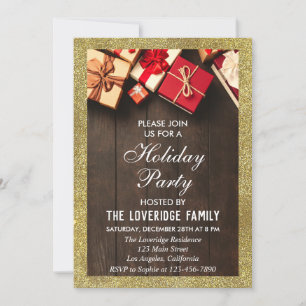 Invitación Regalos de fiesta de Navidad con brillo dorado