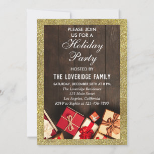Invitación Regalos de fiesta de Navidad con brillo dorado