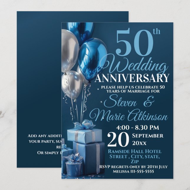 Invitación Regalos de globos azules de 50 años de Boda (Anverso / Reverso)