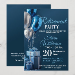 Invitación Regalos de globos para fiesta de jubilación azul