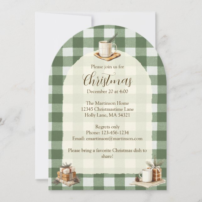 Invitación Regalos Navideños Tazas Arco de Gingham Verde Rúst (Anverso)
