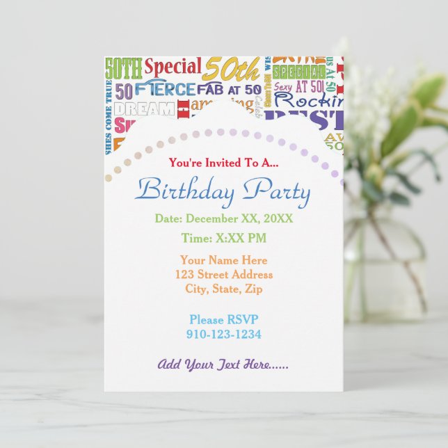 Invitación Regalos Únicos Y Especiales De Fiesta De 50 Años (Anverso de pie)