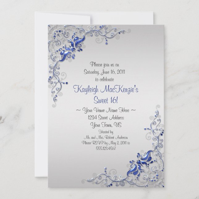 Invitación Regate Blue Silver Swirls sobre Silver Sweet 16 (Anverso)