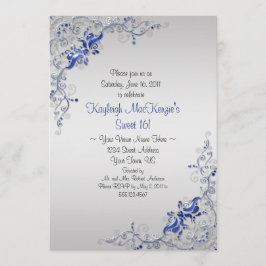Invitación Regate Blue Silver Swirls sobre Silver Sweet 16