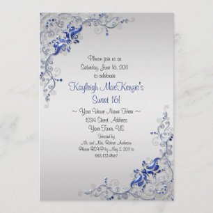 Invitación Regate Blue Silver Swirls sobre Silver Sweet 16