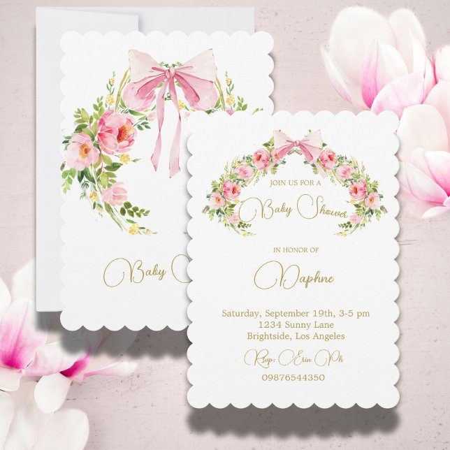 Invitación Regencia de Escudo floral de Baby Shower Bow rosa (Subido por el creador)