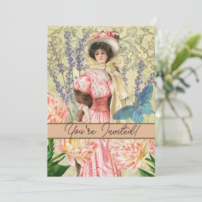 Invitación Regencia de mujeres victorianas con flores rosadas (Anverso de pie)