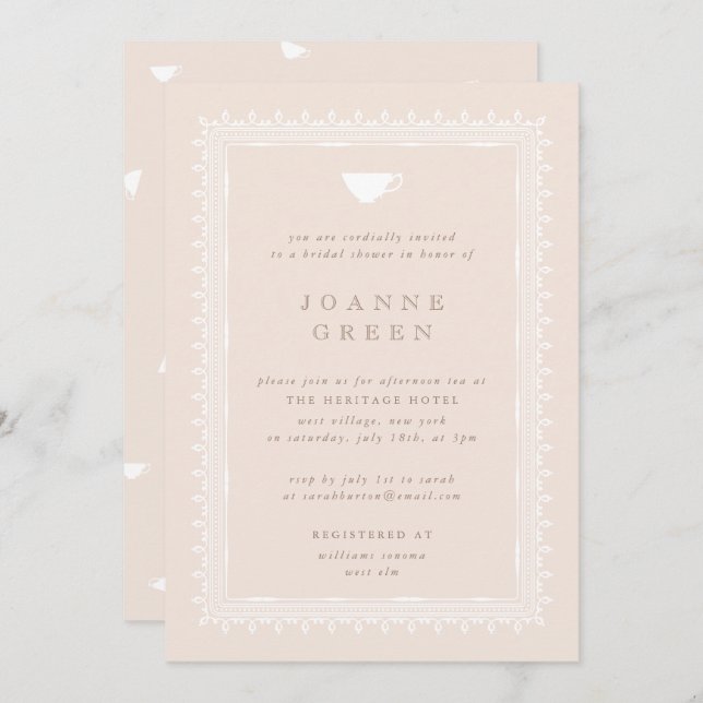Invitación Regencia de pastas por la tarde Tea Bridal/Ducha d (Anverso / Reverso)