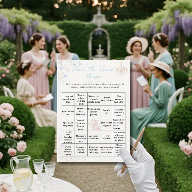 Invitación Regency  Encuentra el juego de Bingo para la fiest (Regency Find the Guest Bridal Shower Bingo game)
