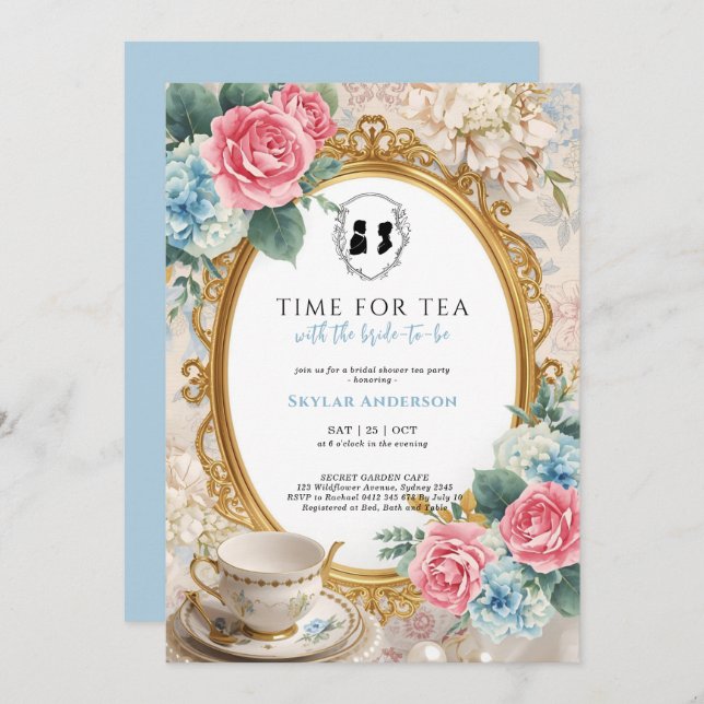 Invitación Regency Floral Tea Party bridal shower  (Anverso / Reverso)