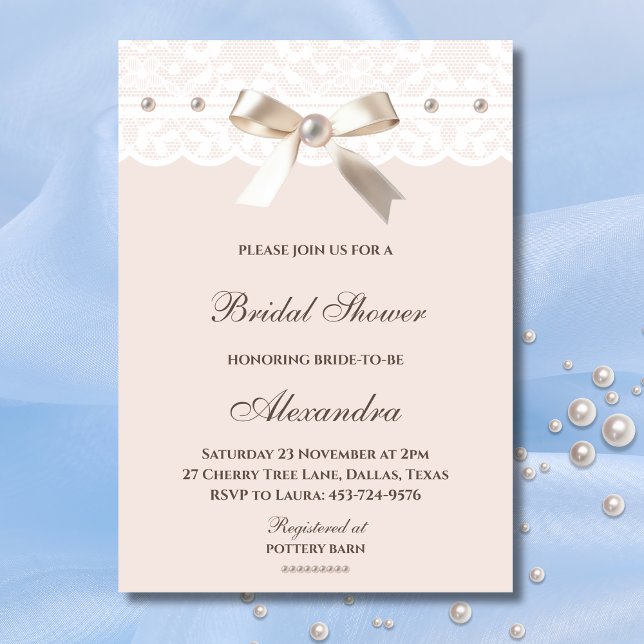 Invitación Regency Pink Bow Pearl White Lace Bridal Shower (Subido por el creador)