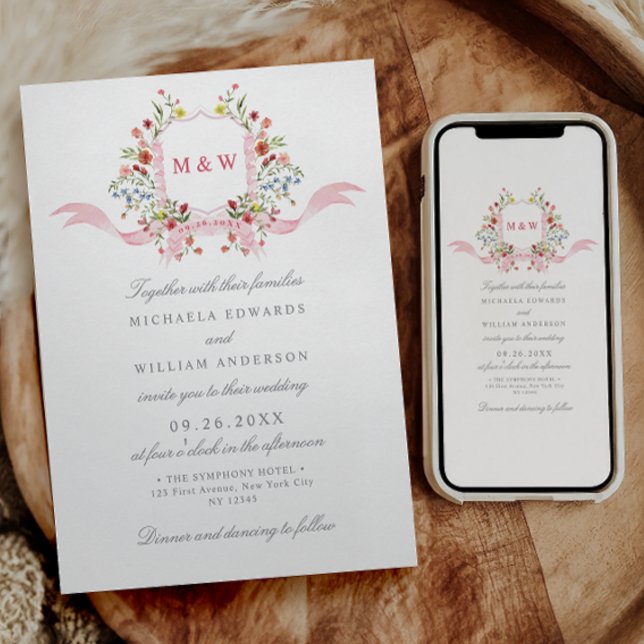 Invitación Regency Watercolor Boda Escudo Rosa Botánico (Subido por el creador)