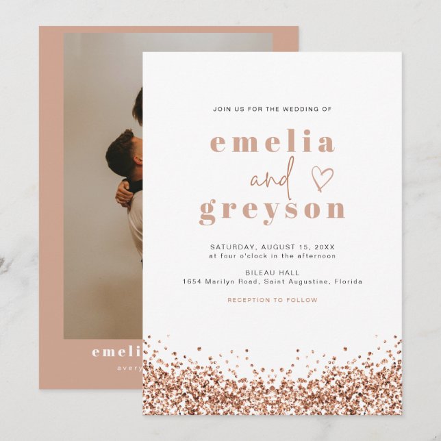 Invitación REGINA Glam Rosa Gold Sequins Disco Boda (Anverso / Reverso)
