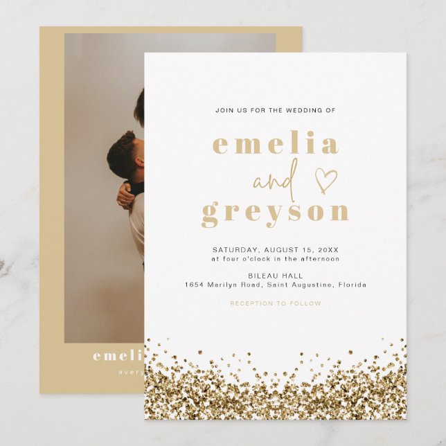 Invitación REGINA Glam Yellow Gold Sequins Disco Boda (Anverso / Reverso)