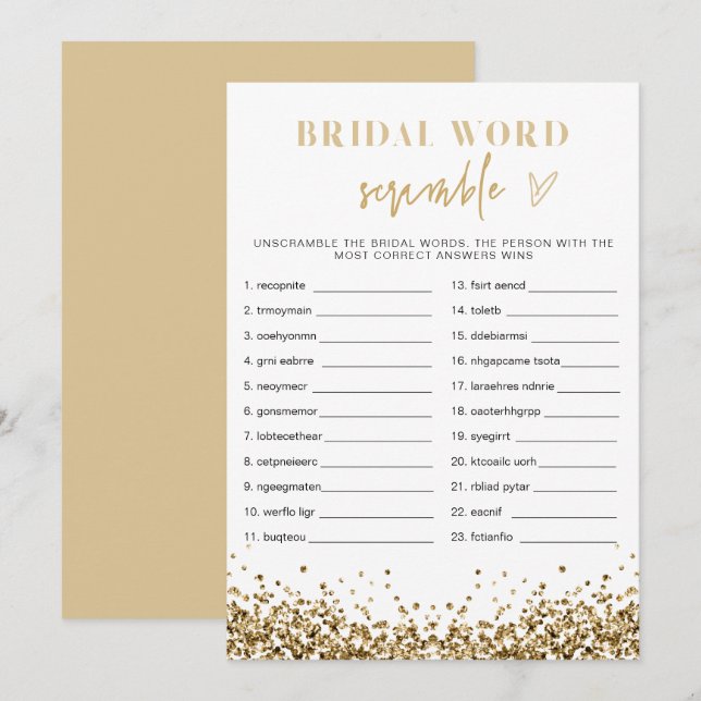 Invitación REGINA Gold Sequins Bridal Shower Word Scramble (Anverso / Reverso)