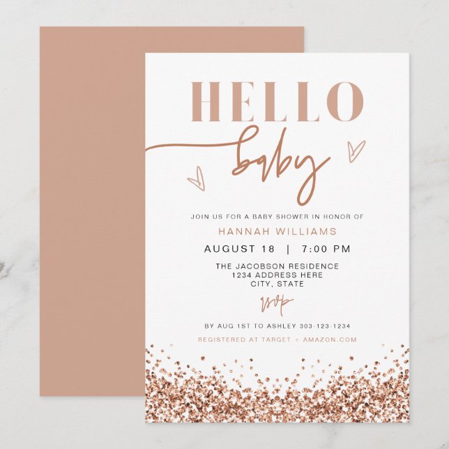 Invitación REGINA Hello Baby Rosa Gold Sequin Baby Shower (Anverso / Reverso)