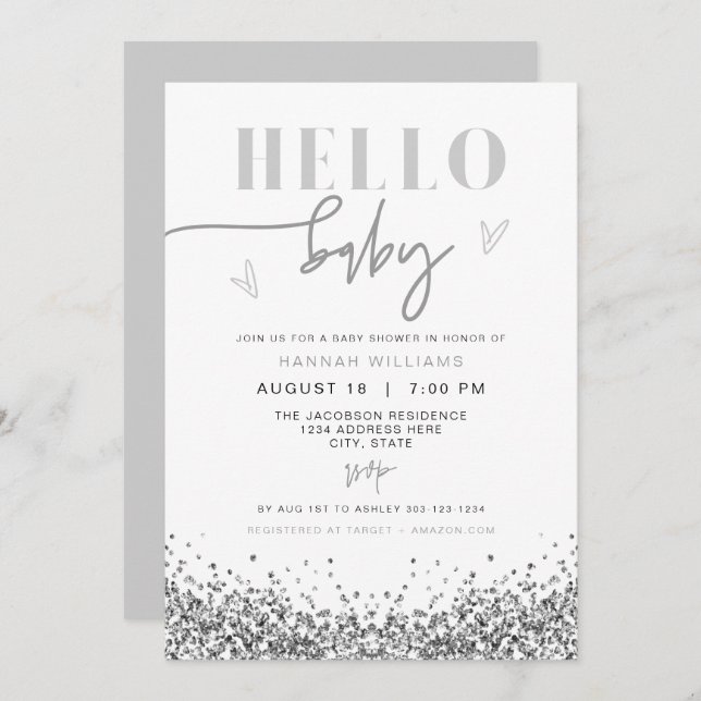 Invitación REGINA Hello Baby Silver Sequin Baby Shower (Anverso / Reverso)