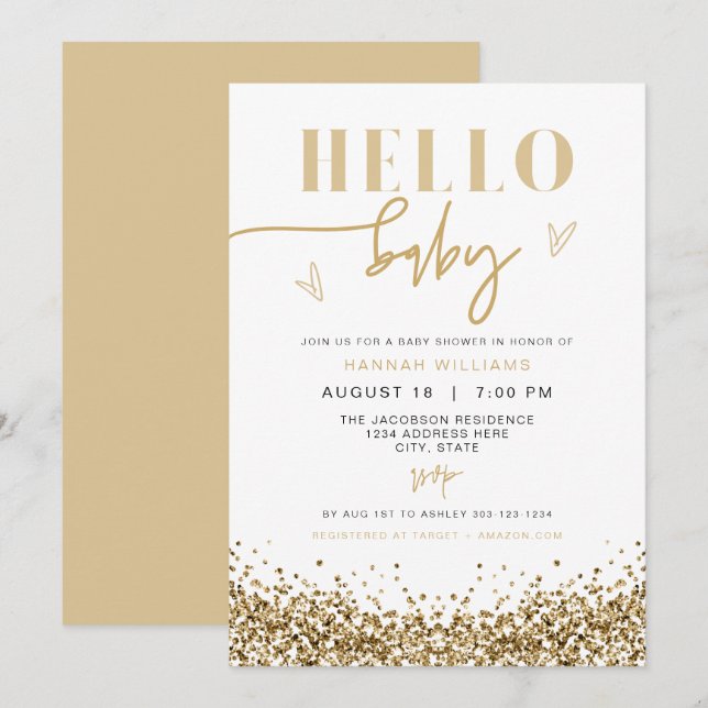 Invitación REGINA Hello Baby Yellow Gold Sequins Baby Shower (Anverso / Reverso)