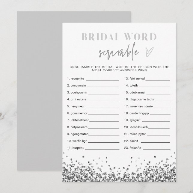 Invitación REGINA Plata Secuencias de Bridal Shower Word Scra (Anverso / Reverso)