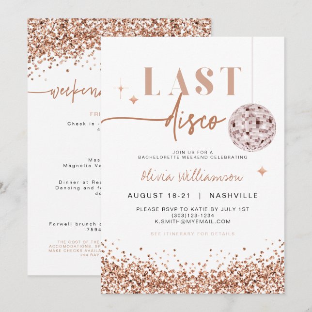 Invitación REGINA Rosa Gold Last Disco Bachelorette Weekend (Anverso / Reverso)
