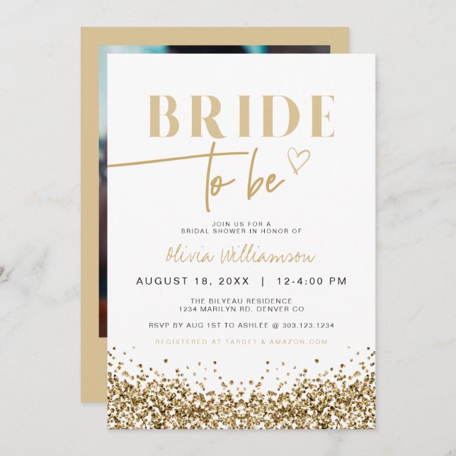 Invitación REGINA Secuencias de Oro Amarillo Sparkly Bridal S (Anverso / Reverso)