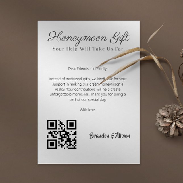 Invitación Registro de Regalos de Boda Fondo de Luna de Miel  (Honeymoon Fund Wedding Registry Gift Qr Code Invitation)