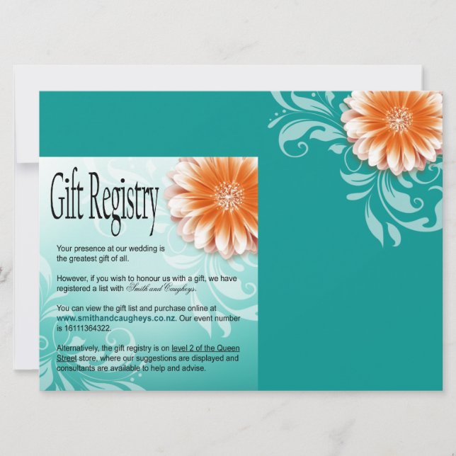 Invitación Registro de regalos de Gerbera Daisy Naranja Aqua (Anverso)