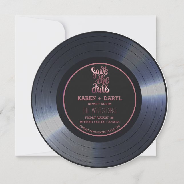 Invitación Registro de Vinilo Retro Boda Negra Guardar la Fec (Anverso)