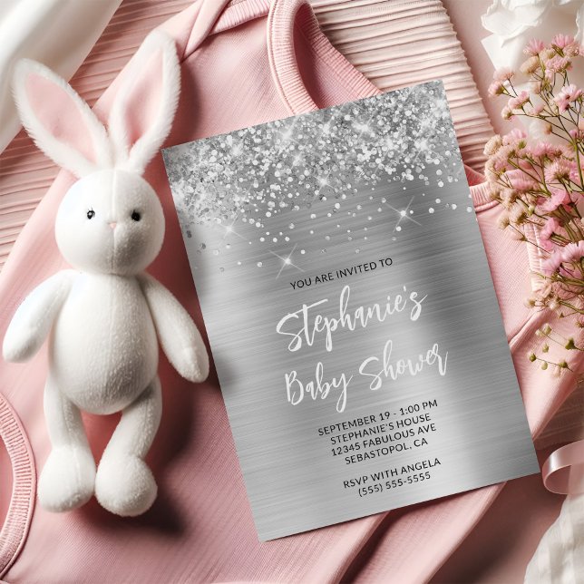 Invitación Registro en línea de Silver Glam Purpurinoso Baby  (Glittery Silver Glam Online Registry Baby Shower Invitation)