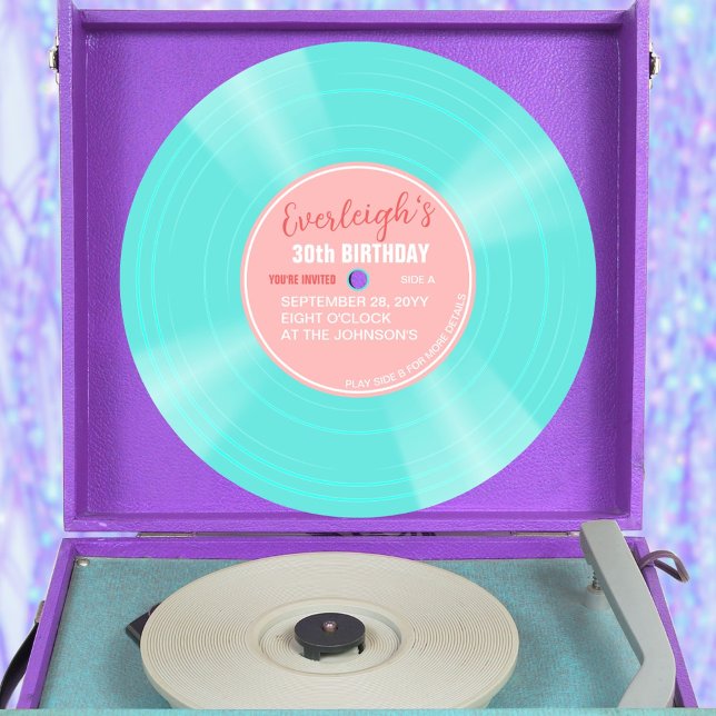 Invitación Registro único de vinilo rosa y turquesa (Turquoise color vinyl pop birthday invitation with pink label)